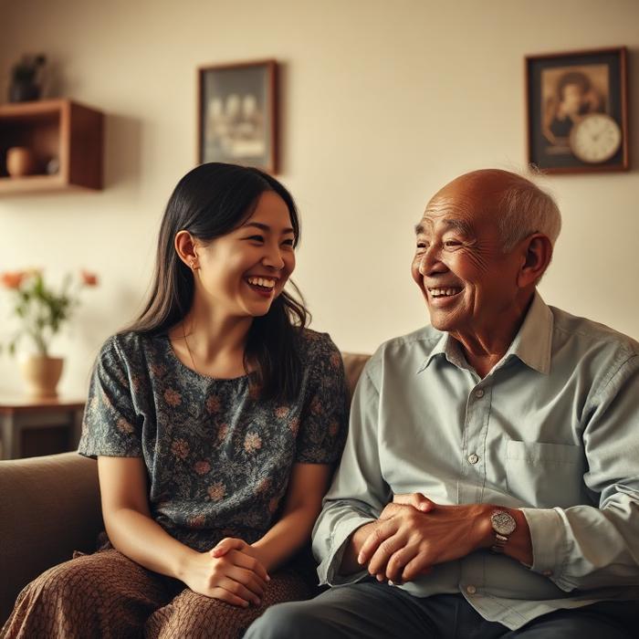 Người trẻ ngồi trò chuyện cùng ông bà